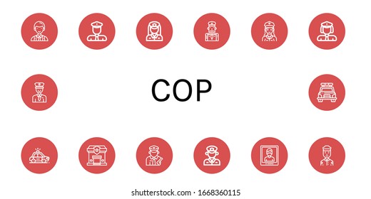 cop simple icons set. Contains such icons as Officer, Policeman, Policewoman, Police officer, Police car, Police station, Arrest, Security guard, can be used for web, mobile and logo