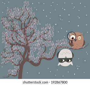 A Cop and a Thieve Illustration of two cute owls sitting on a tree playing game of cat and mouse. One owl is a detective searching for a suspect who is hanging on a branch upside down.