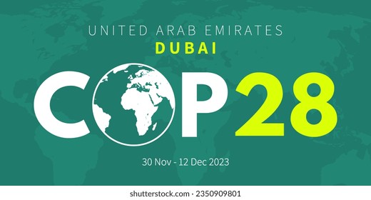 COP28 EAU. Conferencia anual de las Naciones Unidas sobre el cambio climático. Dubai, Emiratos Árabes Unidos, en noviembre de 2023. Cartel de la cumbre internacional sobre el clima. Calentamiento global. Ilustración del vector