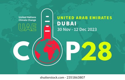 COP28 EAU. Conferencia anual de las Naciones Unidas sobre el cambio climático. Dubai, Emiratos Árabes Unidos. Plan de acción sobre el clima. Reducción de emisiones. Calentamiento global. Ilustración del vector