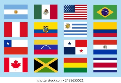 Copa America 2024, set participants flag of america 2024 football - vector