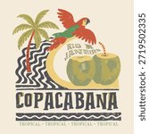 Copacabana beach art. coconut tree artwork. Tropical paradise. Tropical vibes t shirt artwork. Retro summer t shirt design. Rio De Janeiro travel vector design, Copacabana Brazil beach vector design