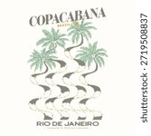Copacabana beach art. coconut tree artwork. Tropical paradise. Tropical vibes t shirt artwork. Retro summer t shirt design. Rio De Janeiro travel vector design, Copacabana Brazil beach vector design
