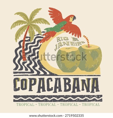 Copacabana beach art. coconut tree artwork. Tropical paradise. Tropical vibes t shirt artwork. Retro summer t shirt design. Rio De Janeiro travel vector design, Copacabana Brazil beach vector design