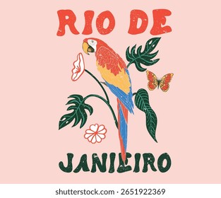 Arte de praia de Copacabana. Paraíso tropical. Arte do paraíso das araras. Vibrações tropicais para arte da camisa. Rio de Janeiro. Verão vibes arte.