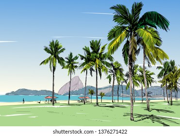 Playa de Copacabana. Río de Janeiro.Brasil.  Dibujo de la ciudad dibujado a mano. Ilustración vectorial.