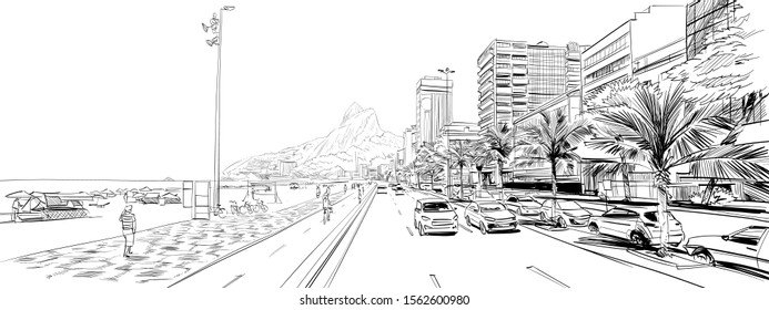 Copacabana beach. Rio de janeiro. Brazil. Hand drawn city sketch. Vector illustration.