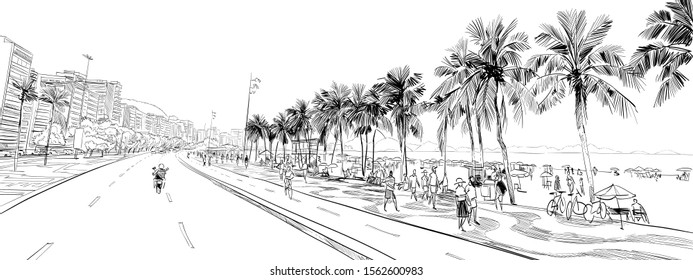 Copacabana beach. Rio de janeiro. Brazil. Hand drawn city sketch. Vector illustration.