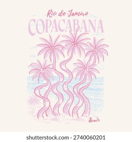 Copacabana beach rio de janeiro in brazil. hand drawn palm tree beach. girls beach graphics. tropical print design. summer beach tee t-shirt design