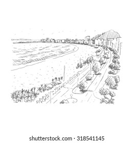 Copacabana Beach, Rio de Janeiro, Brazil. Vector freehand sketch.