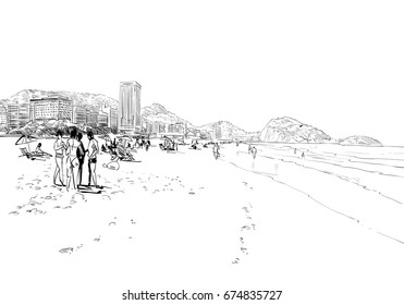 Strand von Copacabana. Rio de Janeiro. Brasilien. Handgezeichnete Stadtskizze.  Vektorgrafik.