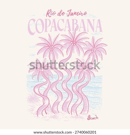 Copacabana beach rio de janeiro in brazil. hand drawn palm tree beach. girls beach graphics. tropical print design. summer beach tee t-shirt design