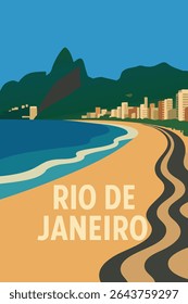 Copacabana Beach stretches into the horizon with Ipanema Beach in the distance. The colorful sunset bathes Rio de Janeiro in warm hues, creating a dynamic scene of beach life and urban energy.