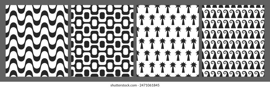 Copacabana and Ipanema famous Brazil pavement, palm trees and ocean waves seamless pattern set. Summer and beach ornaments.