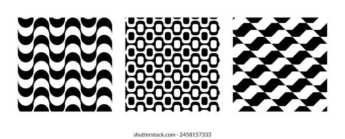 Copacabana, Ipanema and Sao Paulo boardwalk patterns. Famous beach promenades in Brazil. Repeating black and white wave textures in Portuguese pavement style. Vector graphic illustration.