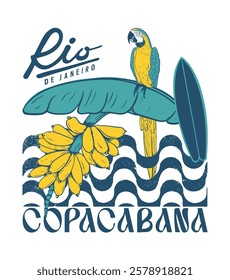 Copacabana Rio summer vacation artwork, Banana brunch and parrot vector illustration, Retro vintage summer beach design for t shirt, poster, graphic print