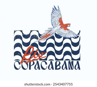 Copacabana Rio travel vector design, Rio Brazil beach vacation graphic print design, parrot flying hand drawn art, summer vintage artwork for, tee, poster, wall art