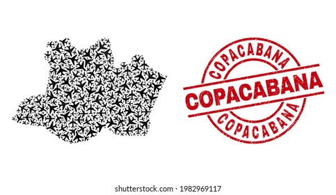 Copacabana scratched seal stamp, and Amazonas State map collage of jet vehicle items. Collage Amazonas State map constructed of jet vehicles. Red seal with Copacabana tag, and distress rubber texture.