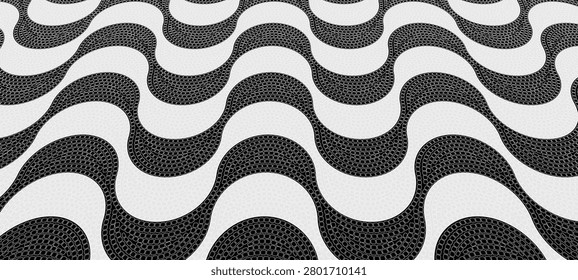 Copacabana sidewalk seamless pattern with realistic black and white cobblestone waves, iconic Portuguese pavement texture, repeating wavy mosaic design for Rio de Janeiro beach promenade vector illustration
