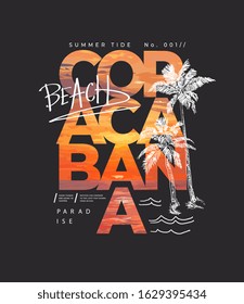 Copacabana slogan on sunset background and palm tree illustration