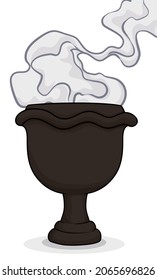 Copal's censer in traditional Mexican dark clay with smoke, in cartoon style and isolated over white background.