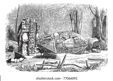 Copan in Honduras, during the 1890s,vintage engraving. Old engraved illustration of Copan showing stelae sculpture. Trousset Encyclopedia