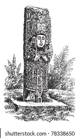 Copan Monolith in Honduras, during the 1890s,vintage engraving. Old engraved illustration of a Copan Monolith. Trousset Encyclopedia