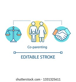 Co-parenting concept icon. Separation agreement idea thin line illustration. Child custody, support, adoption. Coparents. Shared, joint parenthood. Vector isolated outline drawing. Editable stroke