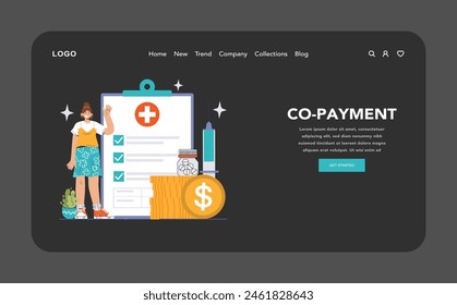 Co-payment concept. A cheerful individual gestures to a checklist, with healthcare symbols and a money pile, indicating cost-sharing in medical expenses. Flat vector illustration