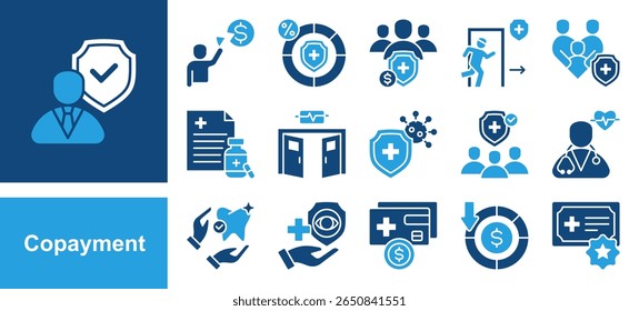 Copayment icon set with Deductible, Insurance premium, Prescription drugs, Emergency room, Primary care, Specialist, Outpatient.