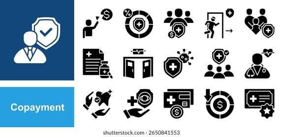 Copayment icon set with Deductible, Insurance premium, Prescription drugs, Emergency room, Primary care, Specialist, Outpatient.