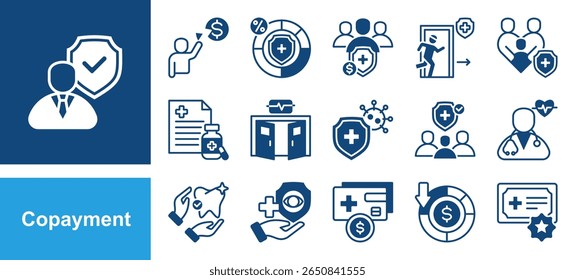 Copayment icon set with Deductible, Insurance premium, Prescription drugs, Emergency room, Primary care, Specialist, Outpatient.