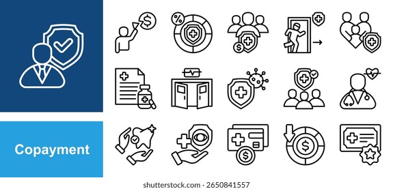Copayment icon set with Deductible, Insurance premium, Prescription drugs, Emergency room, Primary care, Specialist, Outpatient.