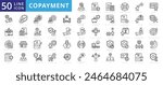 Copayment icon set with health insurance, medical expenses, patient cost share, deductible, premium and coinsurance.