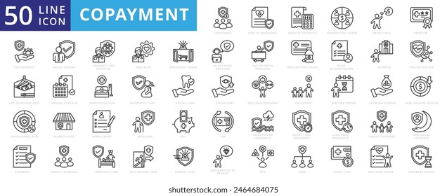 Copayment icon set with health insurance, medical expenses, patient cost share, deductible, premium and coinsurance.