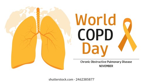 Mes de concientización de EPOC. Noviembre. Vacaciones médicas. Día Mundial de la EPOC. Fondo con pulmones, cinta naranja y texto