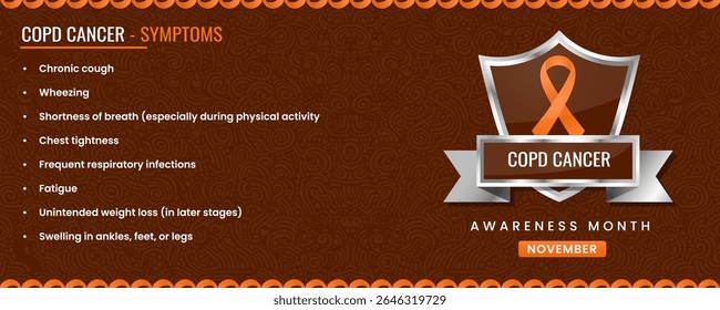 COPD Cancer Awareness Month Poster with Symptoms, Orange Ribbon, banner.