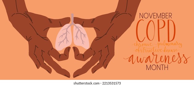 COPD chronic obstructive pulmonary disease awareness month Novermber handwritten lettering. Human hands holding orange support ribbon symbol. Web banner vector template