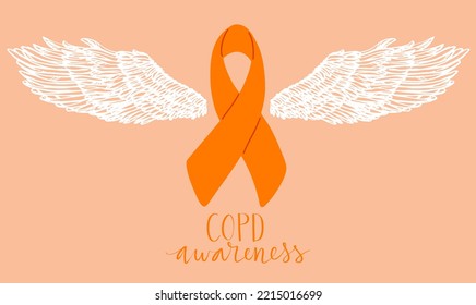 COPD chronic obstructive pulmonary disease awareness month Novermber handwritten lettering. Orange support ribbon with angel wings. Web banner vector template