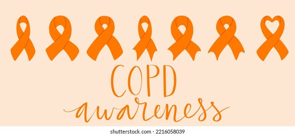 COPD chronic obstructive pulmonary disease awareness month Novermber handwritten lettering. Orange support ribbon. Web banner vector template