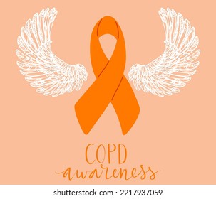 COPD chronic obstructive pulmonary disease awareness month Novermber handwritten lettering. Orange support ribbon with angel wings. Web banner vector template