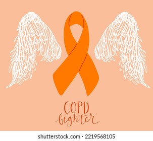 COPD chronic obstructive pulmonary disease awareness month Novermber handwritten lettering. Orange support ribbon with angel wings. Web banner vector template