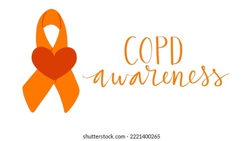 COPD chronic obstructive pulmonary disease awareness month Novermber handwritten lettering. Orange support ribbon. Web banner vector template