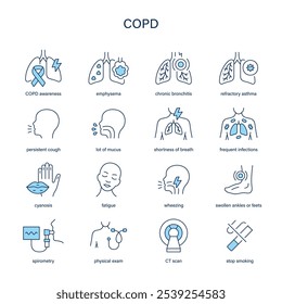 EPOC, conjunto de iconos de Vector de enfermedad pulmonar obstructiva crónica. Iconos médicos.