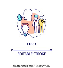 Icono de concepto COPD. Enfermedad pulmonar. Enfermedades para pedir cuidado paliativo abstracto idea de la ilustración de línea delgada. Dibujo de contorno aislado. Trazo editable. Fuentes Arial, Myriad Pro-Bold utilizadas