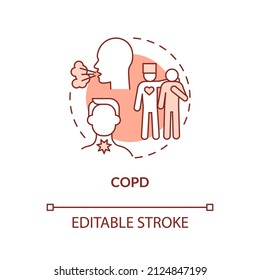 COPD Orange Concept Icon. Lungenerkrankung. Krankheiten, um nach Palliativbehandlung abstrakte Idee schlanke Illustration zu fragen. Einzeln Umrisszeichnung. Bearbeitbarer Strich. Arial, Myriad Pro Fett Schriftarten verwendet