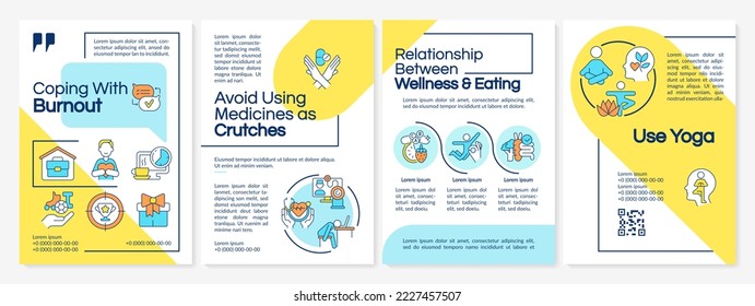 Cope with burnout blue and yellow brochure template. Care of yourself. Leaflet design with linear icons. Editable 4 vector layouts for presentation, annual reports. Questrial, Lato Regular fonts used