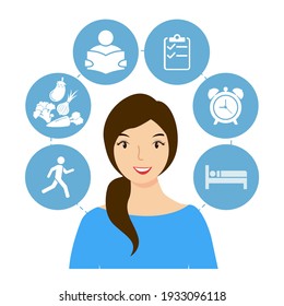 Cope with stress and anxiety. A young, smiling woman who looks after her emotional health. Flat vector illustrations