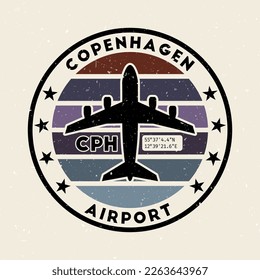 Copenhagen airport insignia. Round badge with vintage stripes, airplane shape, airport IATA code and GPS coordinates. Vibrant vector illustration.