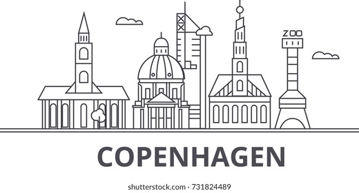 Copenhagen architecture line skyline illustration. Linear vector cityscape with famous landmarks, city sights, design icons. Landscape wtih editable strokes